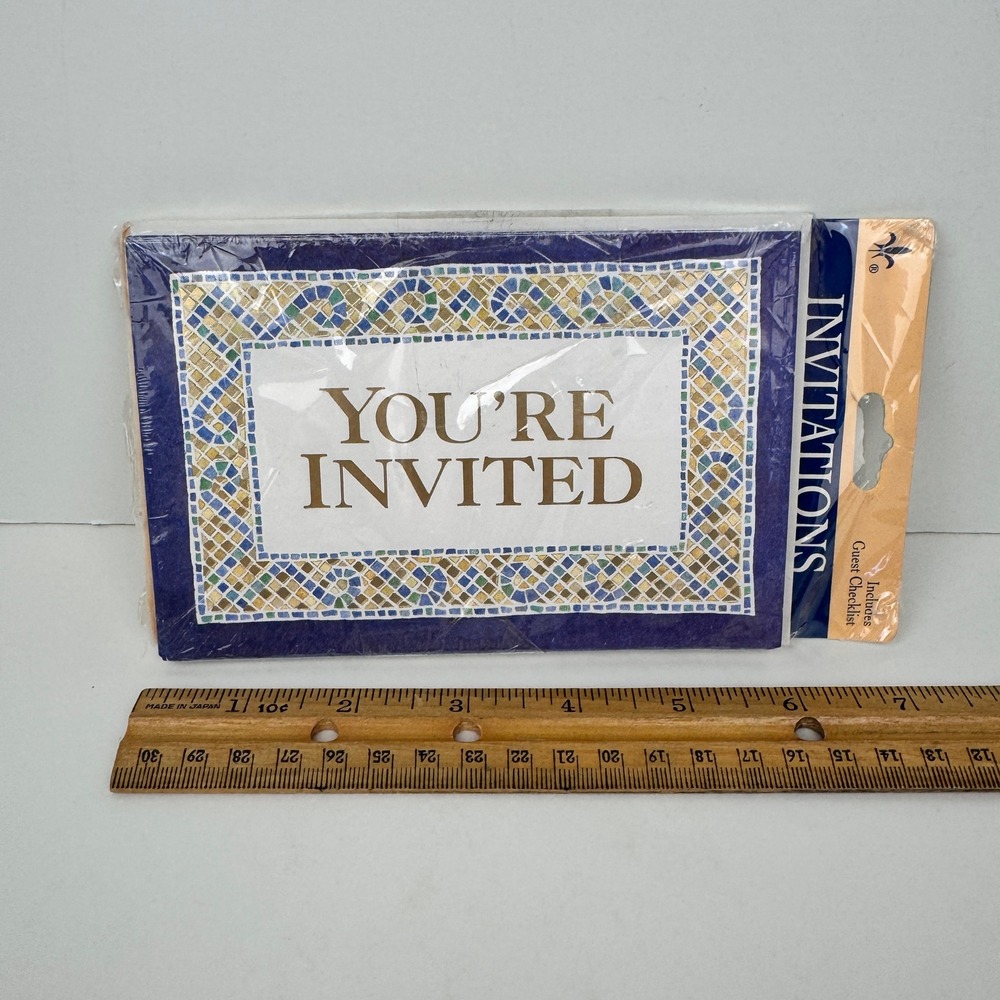 Gibson Vtg Pack of 8 Navy Blue You're Invited Mosaic Style Gold Metallic Accents